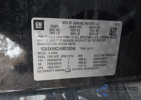 2017 Chevrolet Suburban Lt z USA, uszkodzony, nr VIN 1GNSKHKC6HR318244
